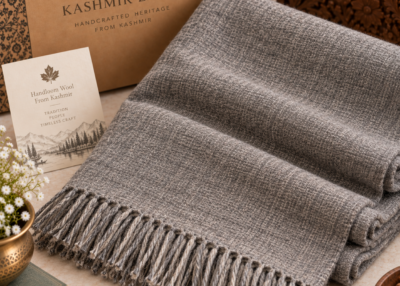 Natural undyed grey handloom wool lohi with fringed edge