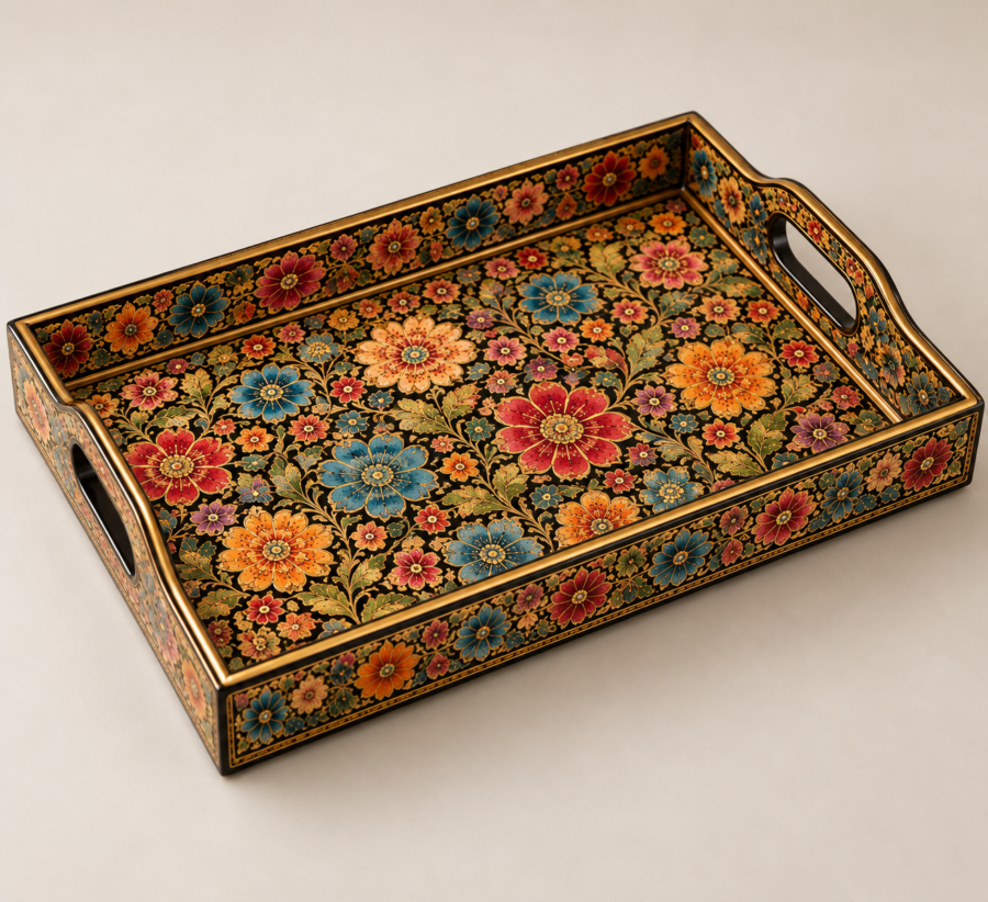 Papier-mache serving tray, top-down studio shot