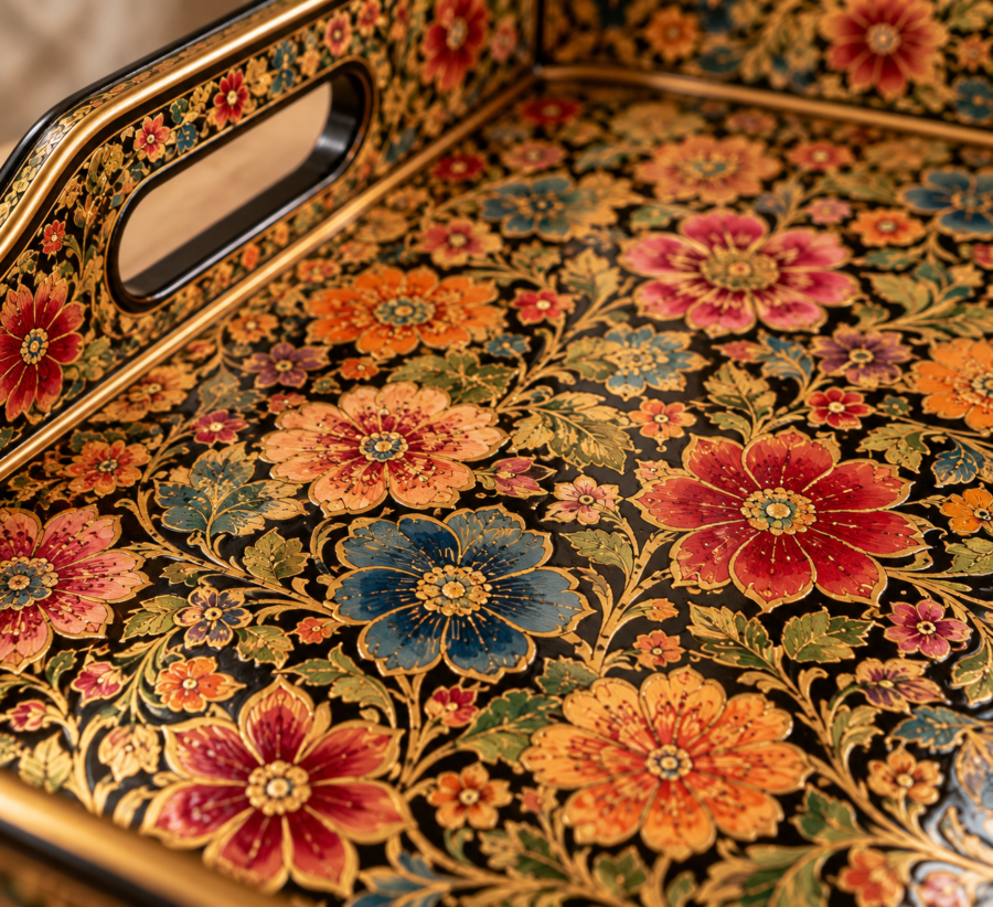 Close-up of hand-painted floral design on tray