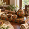 Papier-mache serving tray with teapot and cups on dining table