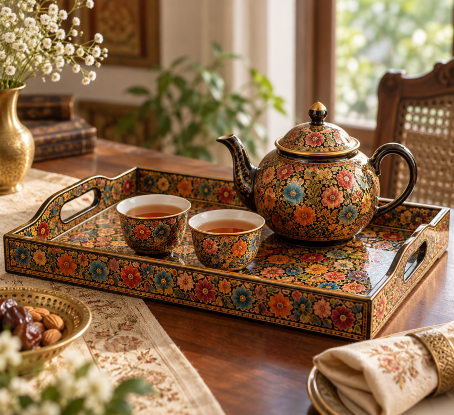 Papier-mache serving tray with teapot and cups on dining table
