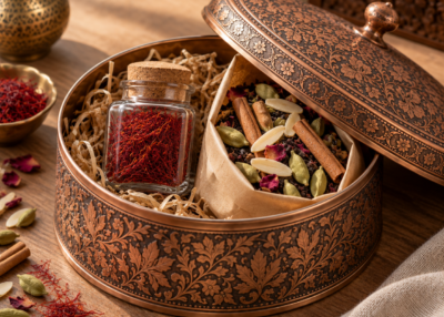 Copper-lid tin with saffron vial and kahwa spice blend pouch