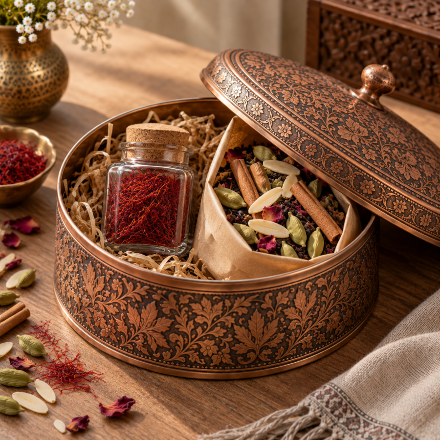Copper-lid tin with saffron vial and kahwa spice blend pouch