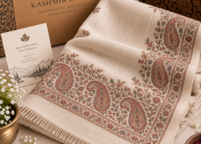 Pashmina stole with hand sozni embroidery and paisley border