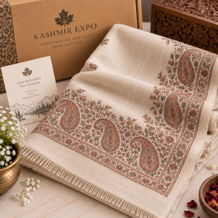 Pashmina stole with hand sozni embroidery and paisley border
