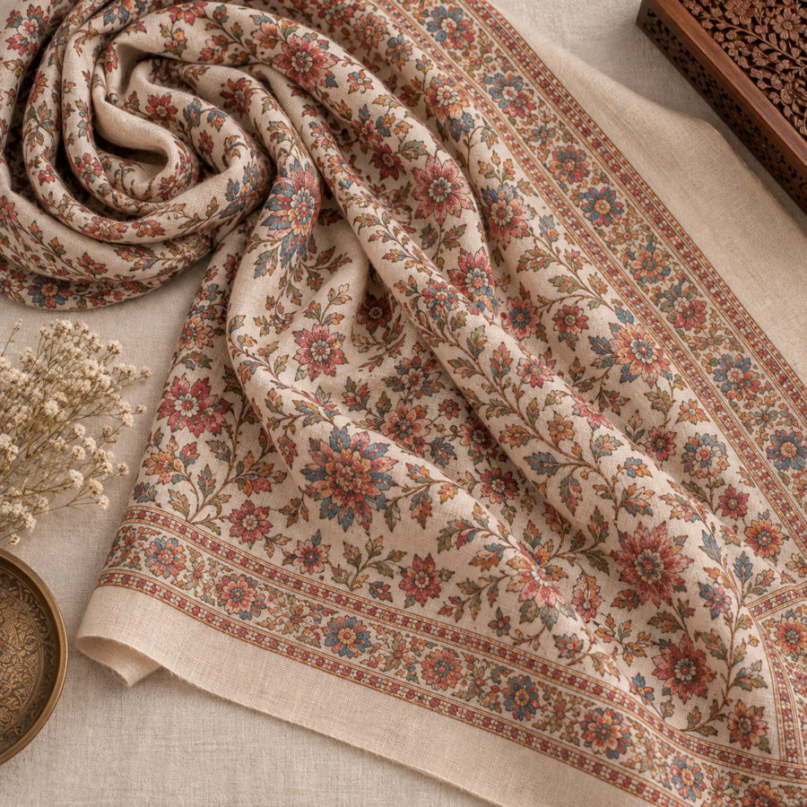 Sozni floral embroidered shawl styled as a flat lay