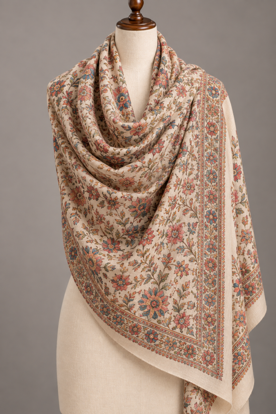 Sozni floral embroidered shawl draped on a mannequin