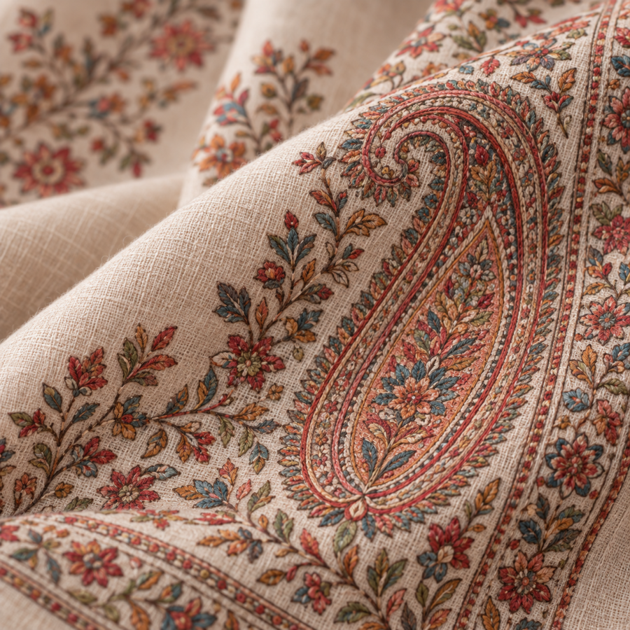 Close-up of hand sozni embroidery and paisley border on pashmina