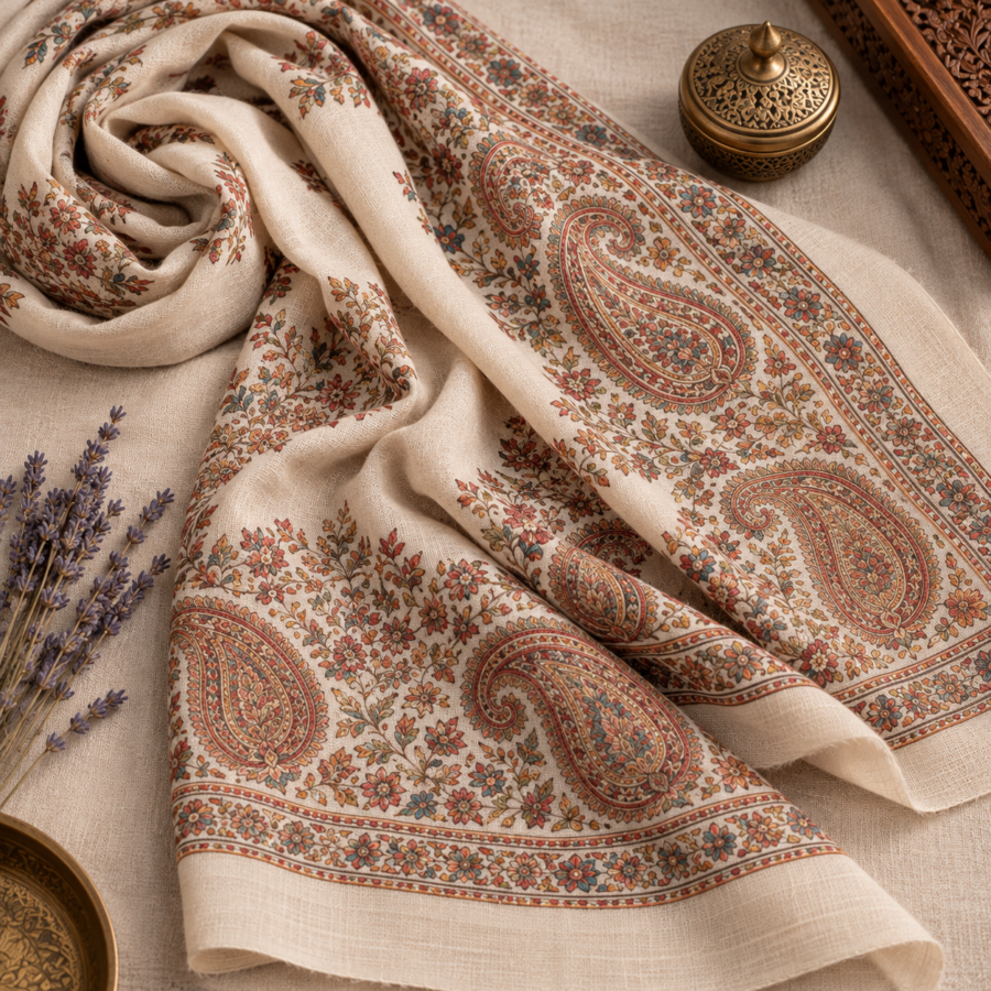 Sozni embroidered pashmina stole styled as a flat lay