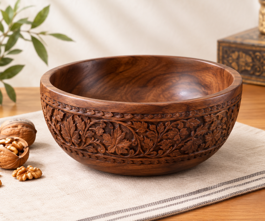 Hand-Carved Kashmiri Walnut Bowl