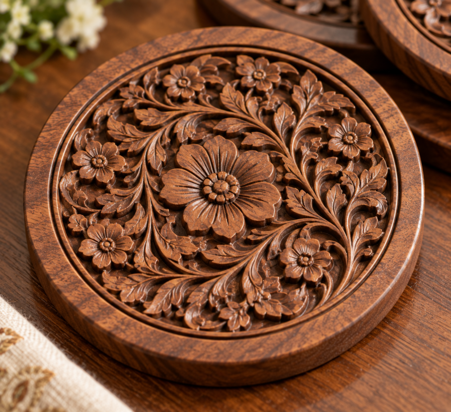 Close-up of hand-carved floral pattern on walnut coaster