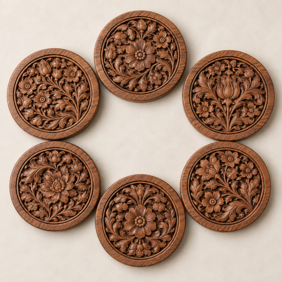All 6 walnut wood coasters arranged in a circular flat lay