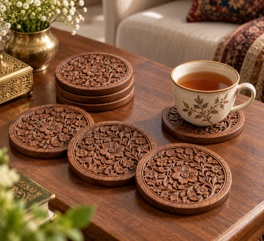 Carved walnut wood coasters on a tea table