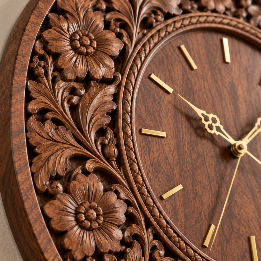 Close-up of hand-carved floral border on wall clock