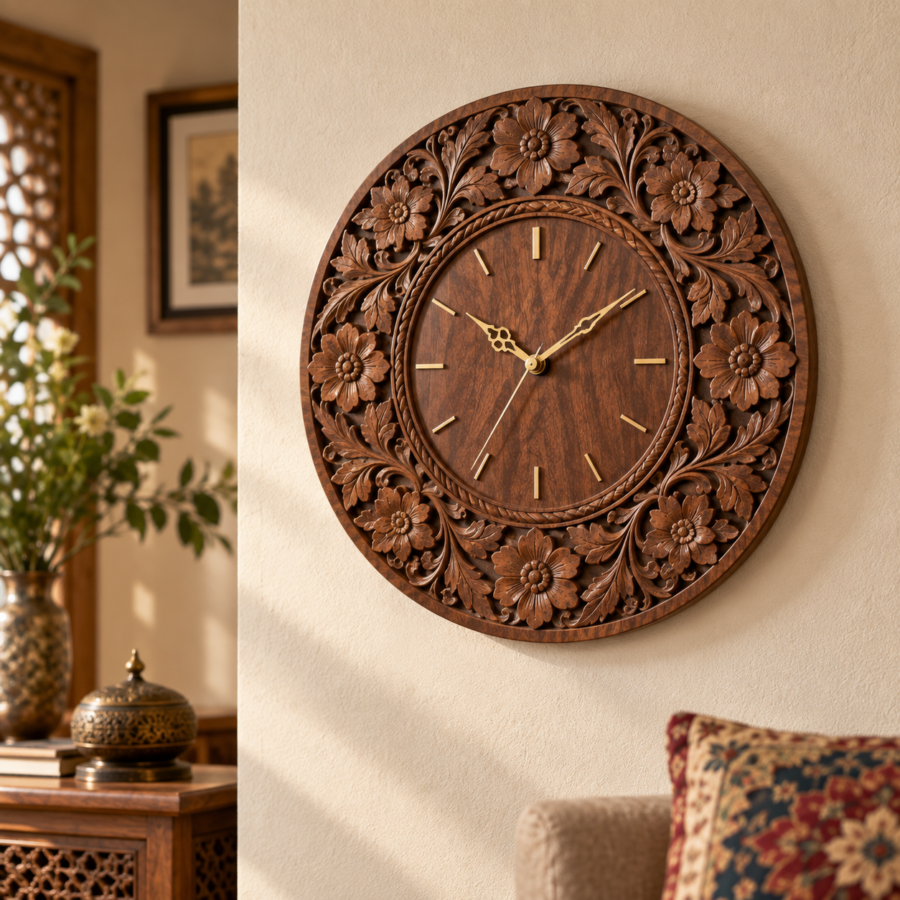Carved walnut wood wall clock in a living room