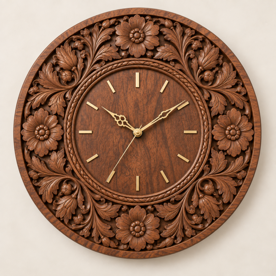 Hand-carved Kashmiri walnut wood wall clock shown straight on