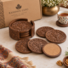 Hand-carved walnut wood coasters, set of 6, with cork base