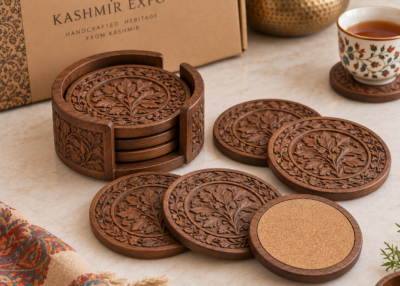 Hand-carved walnut wood coasters, set of 6, with cork base