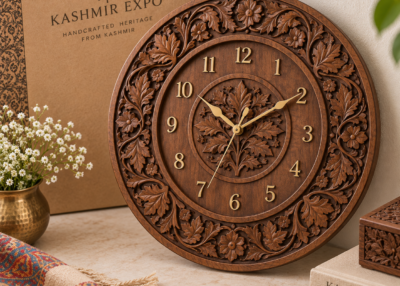 Hand-carved walnut wood wall clock with carved dial surround