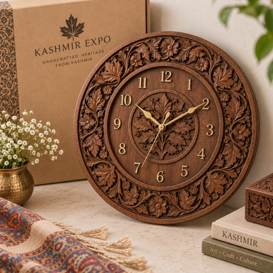 Hand-carved walnut wood wall clock with carved dial surround